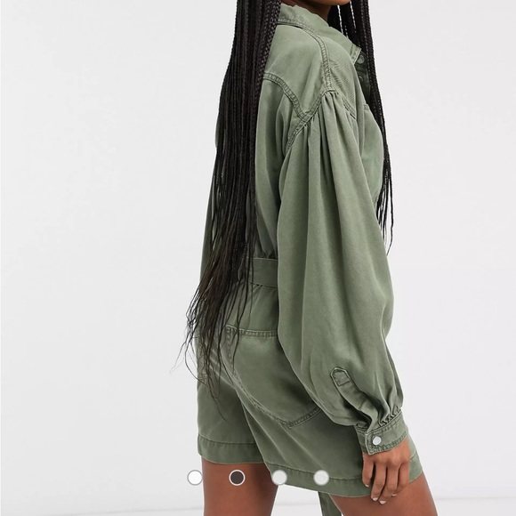 AllSaints jess long sleeve utility playsuit in khaki green - Picture 3 of 7
